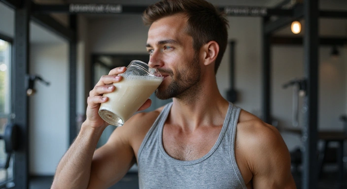 Sportler trinkt Recovery-Shake nach dem Training