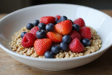 Eine Schale mit frischen Beeren und Haferflocken für ein gesundes Frühstück